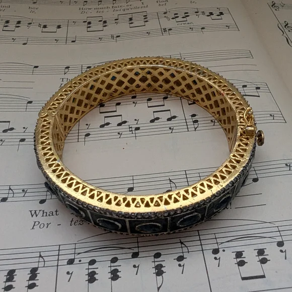 Gold-Tone Blue Sapphire Halo Bangle Bracelet - Picture 11 of 12